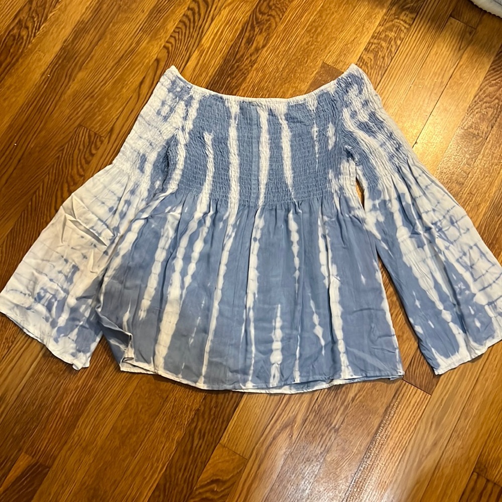 NWOT blue and white tie dye off shoulder top